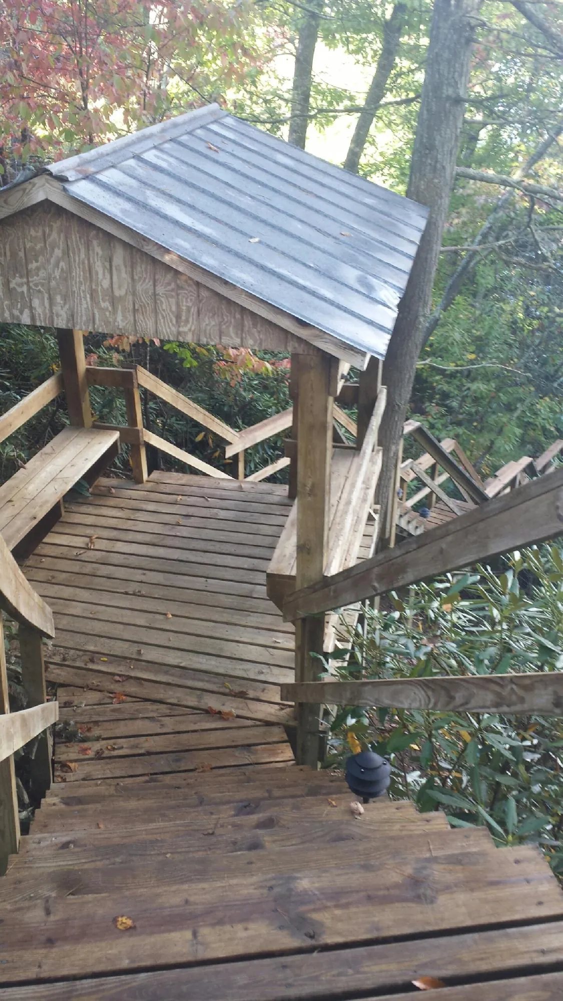 Metal roofed shelter over wooden steps on a wooded walkway — Skylight Repair & Installation work by our crew in Atlantic Beach